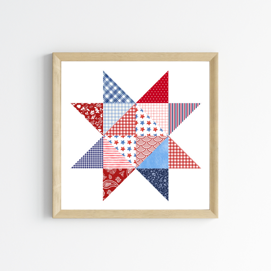 Patriotic Patchwork Quilt Star Wall Art Print 8"x8"