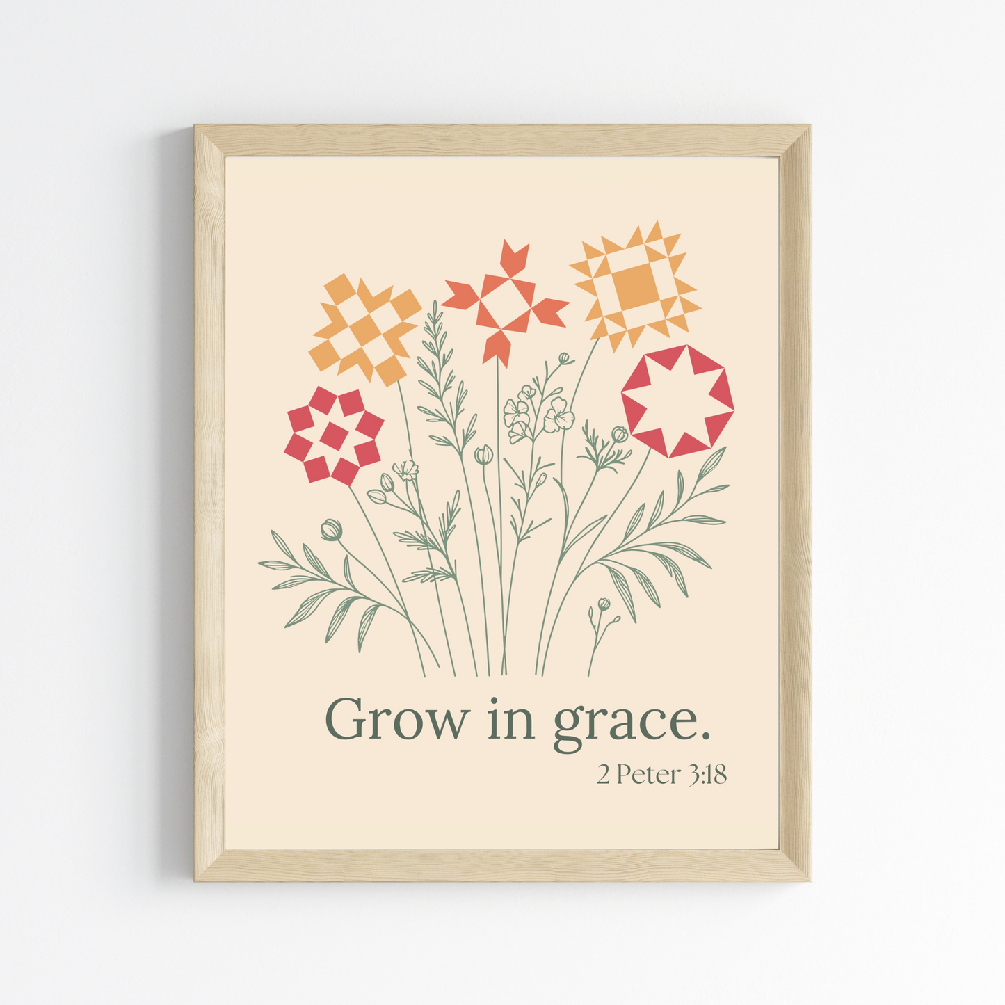 Grow in Grace Quilt Block Flowers Wall Art Print