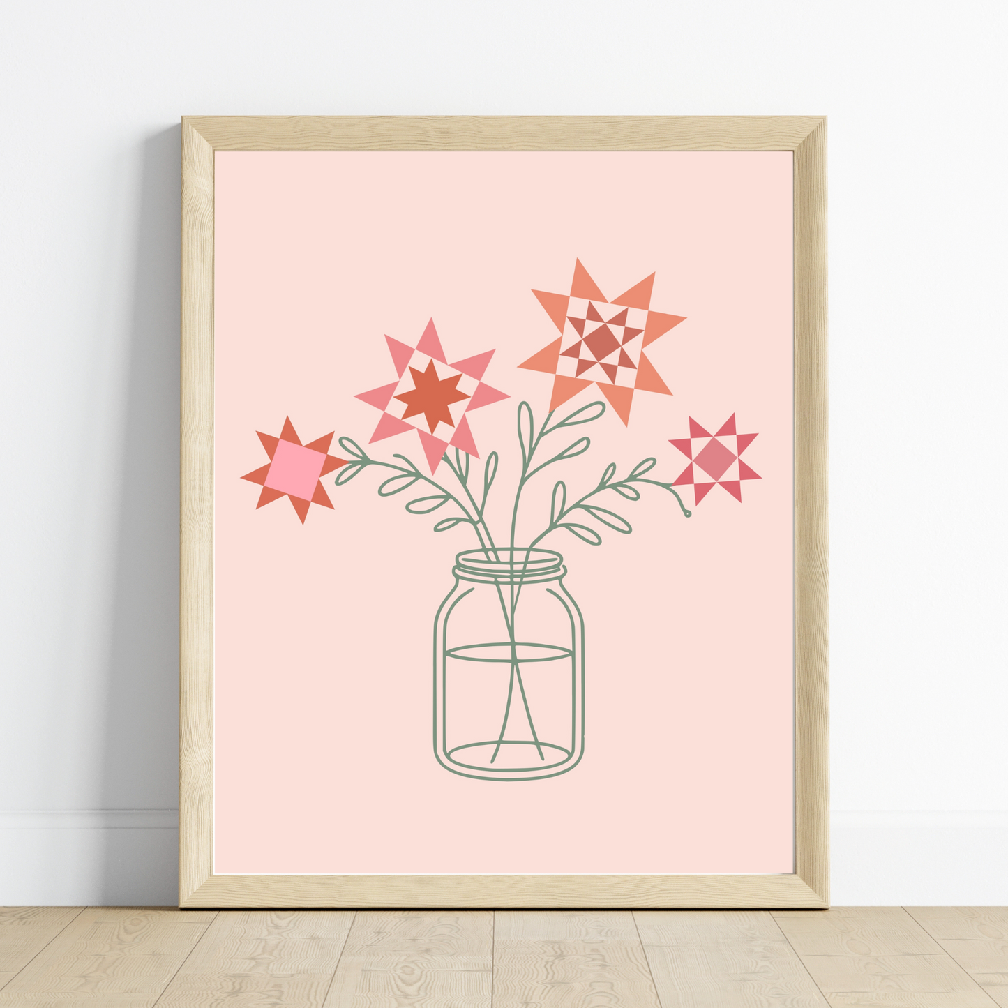 Mason Jar Quilt Block Flowers Wall Art Print