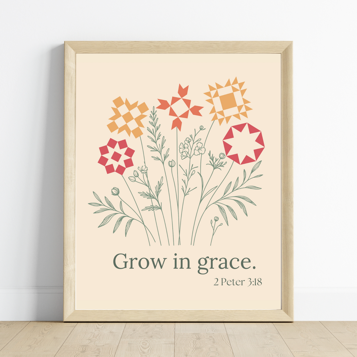 Grow in Grace Quilt Block Flowers Wall Art Print