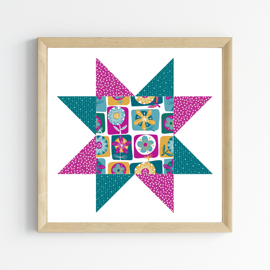 Funky Floral Patchwork Quilt Star Wall Art Print