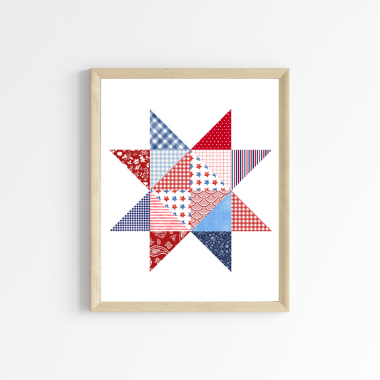 Patriotic Patchwork Quilt Star Wall Art Print 8"x10"