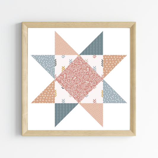 Boho Natural Patchwork Quilt Star Wall Art Print