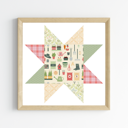 Garden Girl Patchwork Quilt Star Wall Art Print