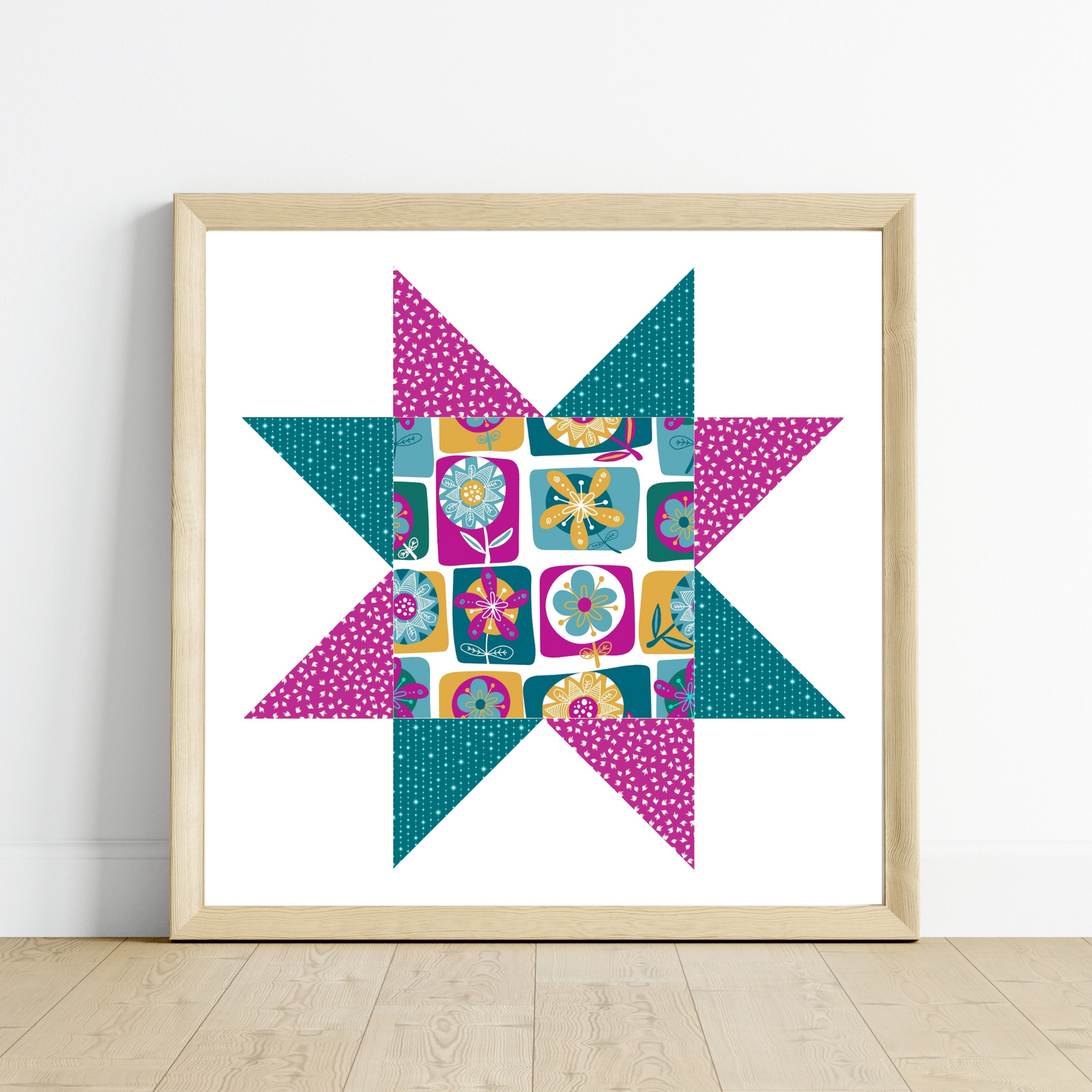 Funky Floral Patchwork Quilt Star Wall Art Print