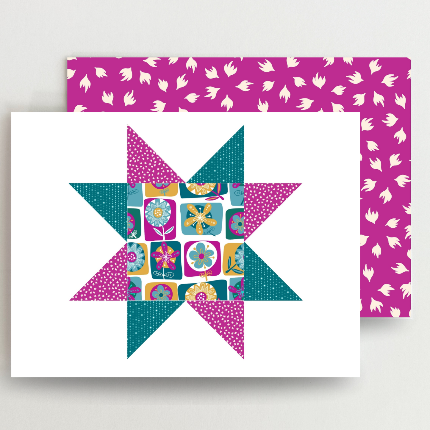 Funky Floral 2 Quilt Star Blank Note Cards Set