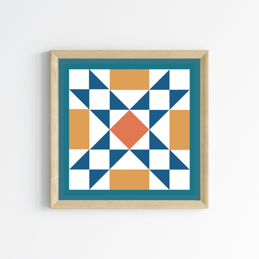 Orange and Blue Quilt Block Wall Art Print