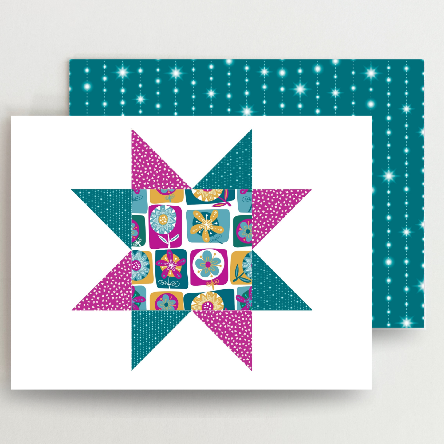 Funky Floral 3 Quilt Star Blank Note Cards Set