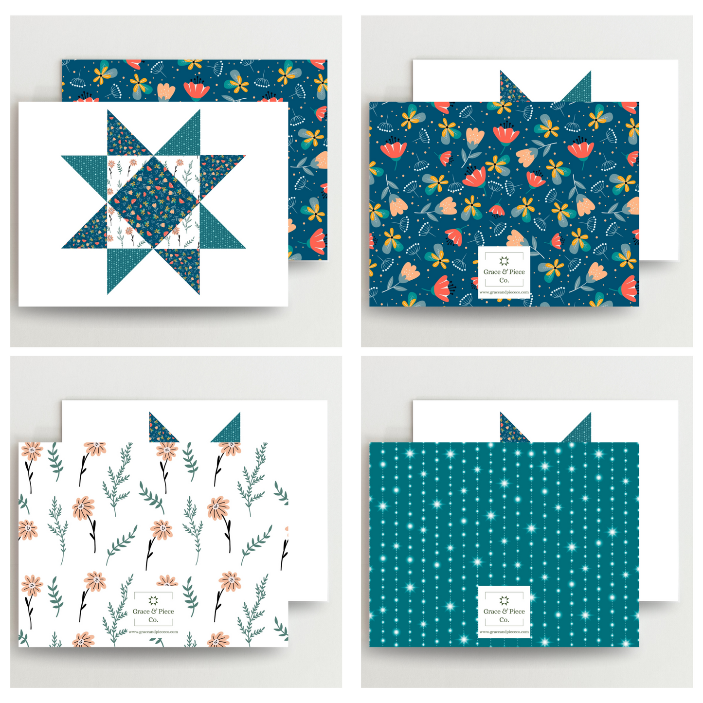 Truly Turquoise Quilt Star Assorted Blank Note Cards Set