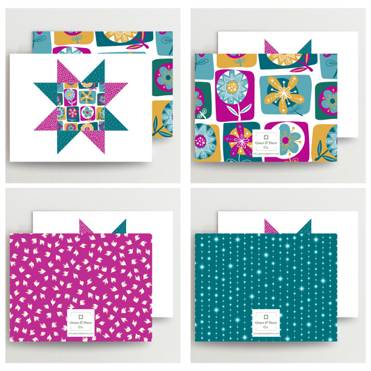 Funky Floral Quilt Star Assorted Blank Note Cards Set