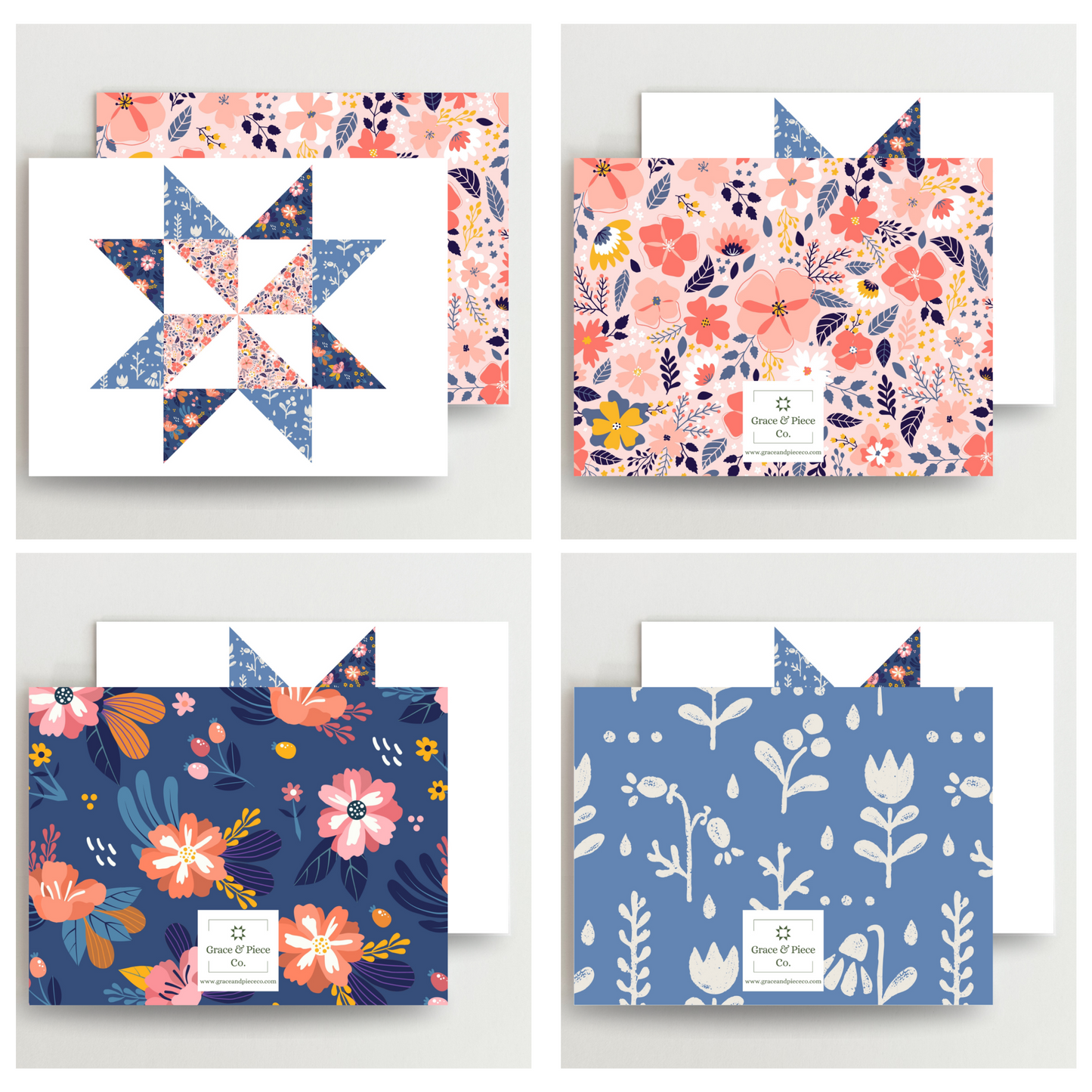 Fun Floral Quilt Star Assorted Blank Note Cards Set