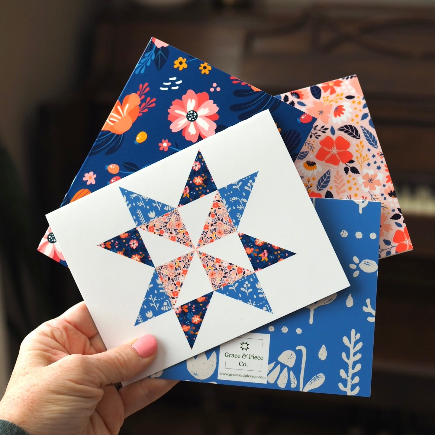 Fun Floral Quilt Star Assorted Blank Note Cards Set