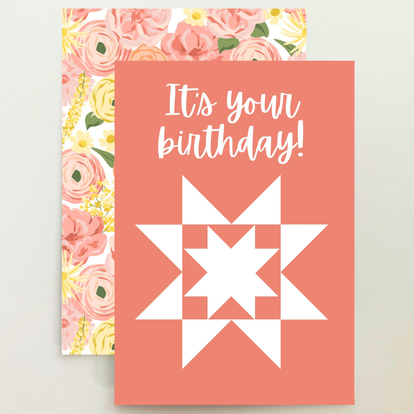 Quilt Star Peach Floral Birthday Card