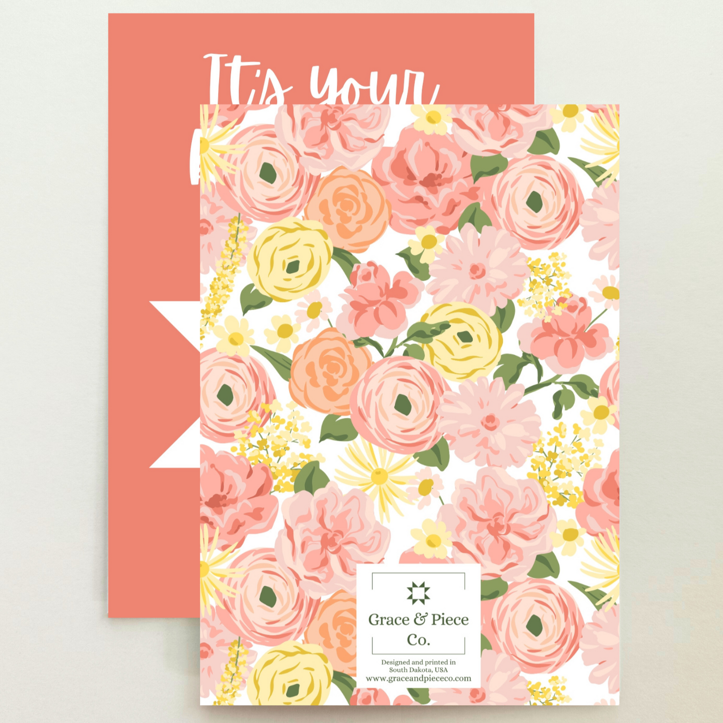 Quilt Star Peach Floral Birthday Card