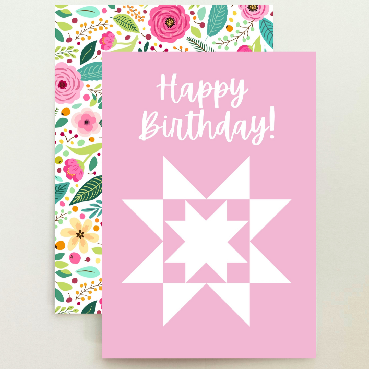 Quilt Star Pink Floral Birthday Card